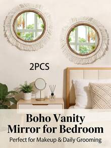 OBOVAY 1Pc/2pcs/3pcs Handmade Boho Woven Wall Decor Mirror Set,Boho Style Living Room Home Wall Decor,Exquisite Fantasy Craftsmanship Wedding Wall Decor,Easy Install, All Season Use,For Christmas & Halloween Gifts,Home Decor-For Living Room,Bedroom,Garden - Beige - View 13
