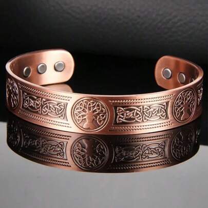 Vintage Tree Of Life Design Cuff Bangle, Fashionable Magnetic Bracelet For Women & Men, All-Match & Exquisite Jewelry For Birthday GiftAdjustable