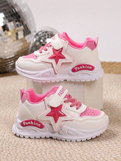 Toddler Girls' Star Pattern Sports Shoes - Pink & White Fashion Casual Shoes, Comfortable Non-Slip Walking Sneakers