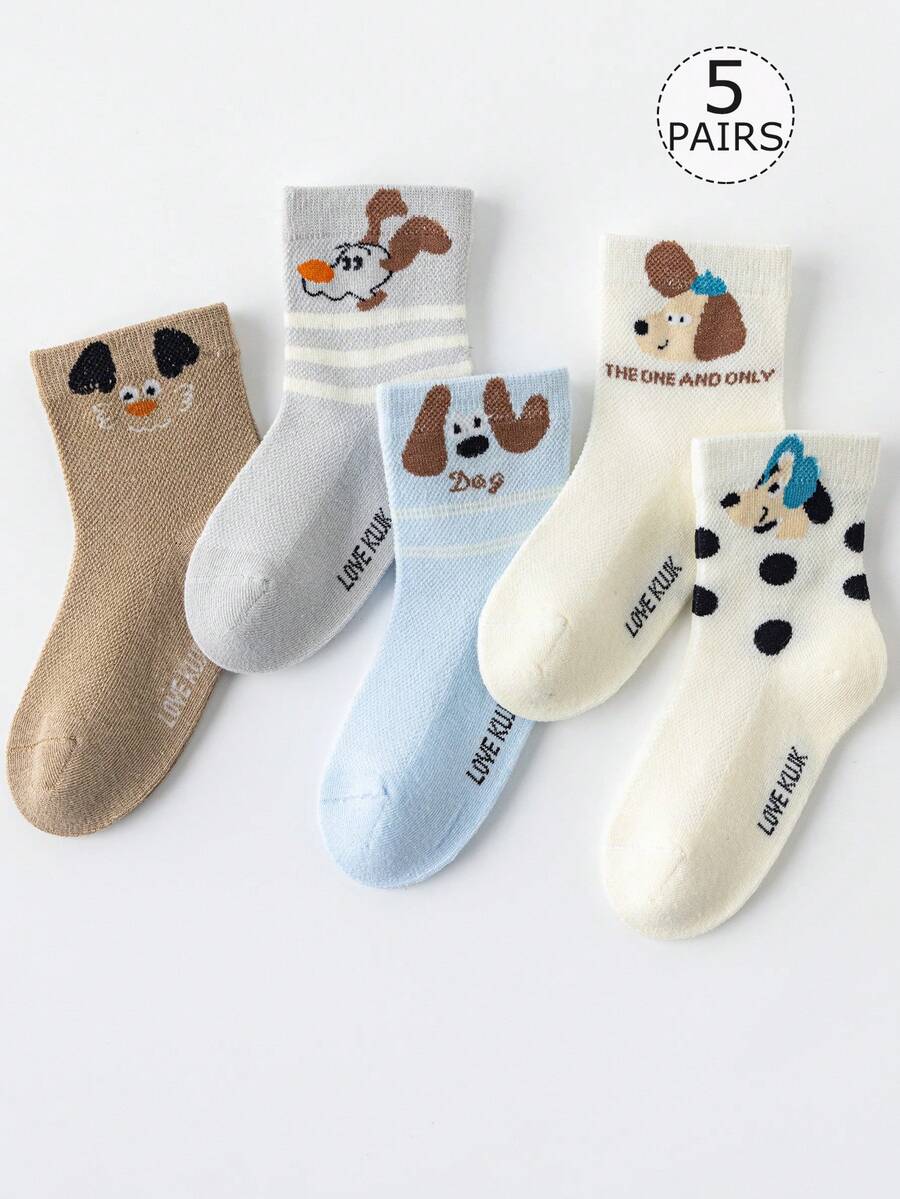 5 Pairs Kids/Toddler Boys' Mid-Calf Socks, Mesh Design, White, Blue, Gray, Khaki, Multi-Color, Contrast Color, Patchwork, Cartoon Dog, Letter, Dot Print, Cute, Minimalist Style, Spring/Summer, Versatile, Suitable For Students, Daily Wear, Pair With Casual/Sports Shoes, Dress Shoes - Multicolor - View 1