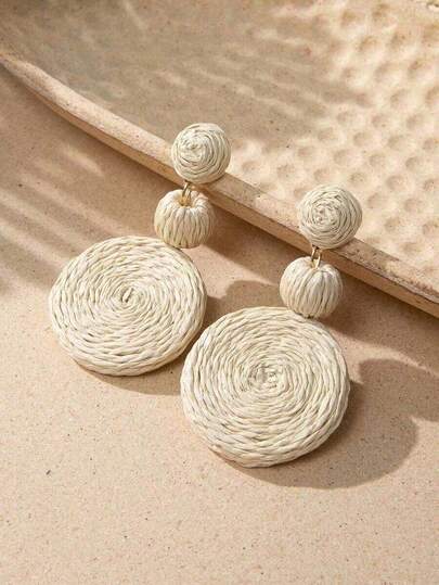 1 Pair Bohemian Style Raffia Round Pendant Earrings, Beach Resort Eardrops