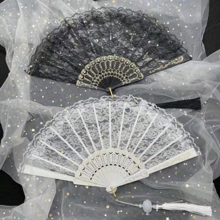 Classic Lolita Lace Fan, Cheongsam Fashion Show Photo Folding Fan, Dark Style Lace Fan-Hand Fan - Quạt lông vũ ren trắng không có mặt dây chuyền - Xem 1