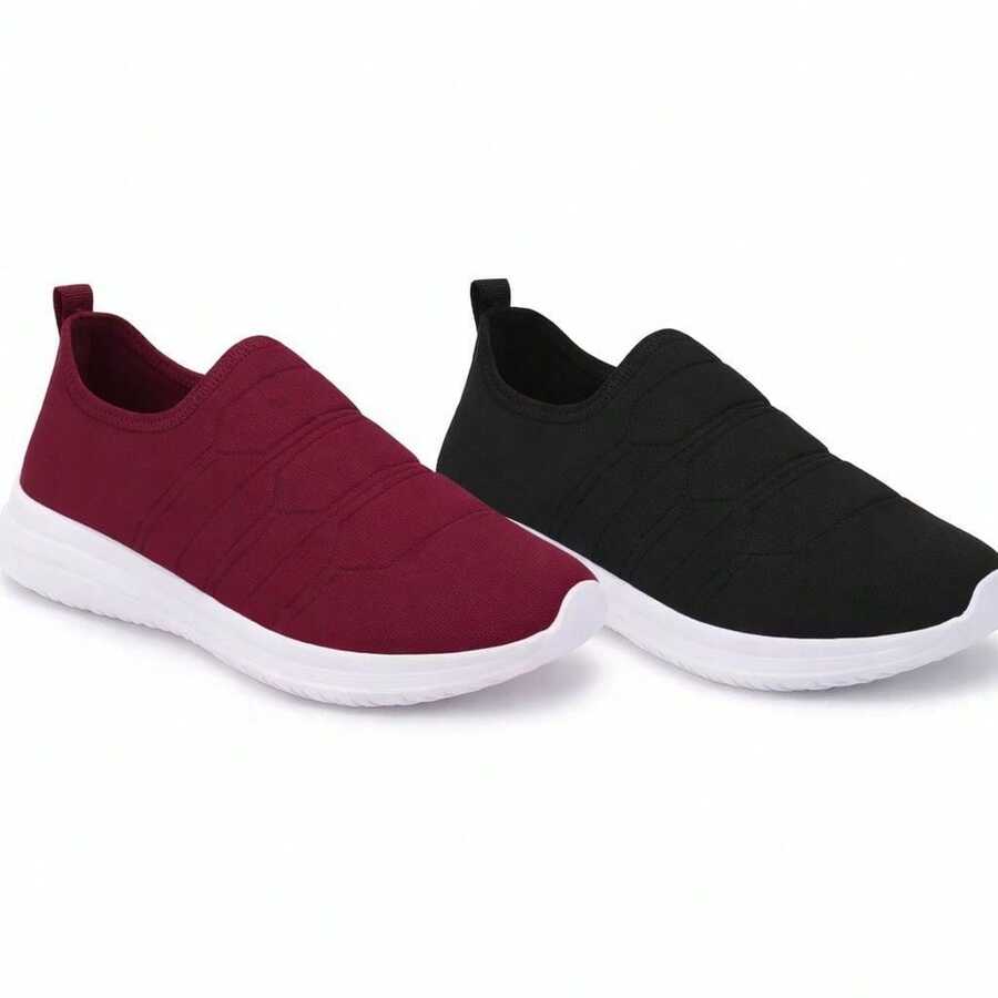 Kit Of 2 Women's Slip-On Sneakers, Comfortable, Lightweight, Casual, Everyday Wear, Black And Burgundy, White Sole - 普雷圖/瑪薩拉 - 查看 1
