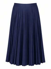 Elegant Pleated Skirt In Stretch Fabric With Lining, Suitable For Women's Evenings, Weddings, Holidays, And Offices. Timeless. - 藏蓝色 - 查看 3