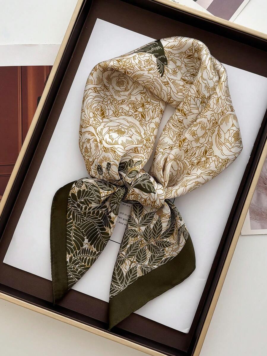 1 chiếc khăn vuông bằng satin in họa tiết dành cho nữ, băng đô thời trang, dây buộc tóc, khăn quàng cổ. - Xanh đậm - Xem 1