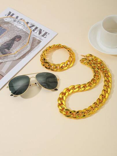 3件套80/90年代嘻哈太阳镜+手链+项链，嘻哈服饰配件，适合主题派对、万圣节派对、舞会、单身派对等场合。