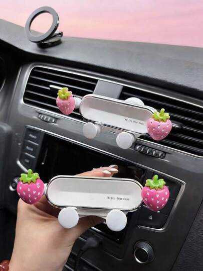 Soporte de teléfono para coche con diseño de fresa, soporte de navegación para rejilla de ventilación de coche en color rosa con diseño de fresa