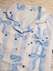 3pcs/Set Women's Casual Loose Comfortable Striped Heart & Bow Print Pocket Front Button Short Sleeve Top And Shorts/Pants Pajama Set, Spring/Summer - Blue and White - View 3