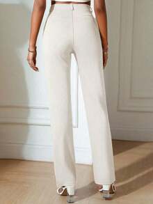 Solid Slant Pocket Straight Leg Pants Spring Elegant - Màu be - Xem 7