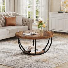Round Coffee Table, 31.7" Wooden 2-Tier Circle Coffee Table With Storage Shelves, Modern Accent Cocktail Table Center Table For Living Room, Rustic Brown - Rustic Brown - View 8