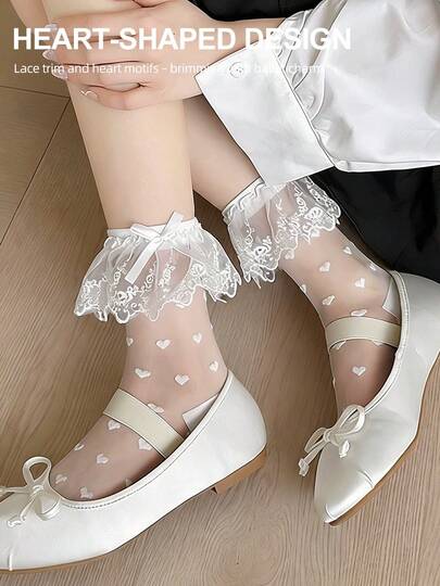 1/3 đôi tất lưới nhẹ, thoáng khí, viền ren, họa tiết hoa nhung, kiểu dáng tất dài đến bắp chân, thích hợp cho đồng phục Sweet Lolita & JK.