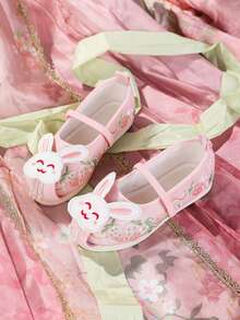 Nuevos zapatos de estilo chino Hanfu, zapatos de tela bordados con cabeza de conejo de suela blanda y cómoda para niñas - Rosa - Ver 1
