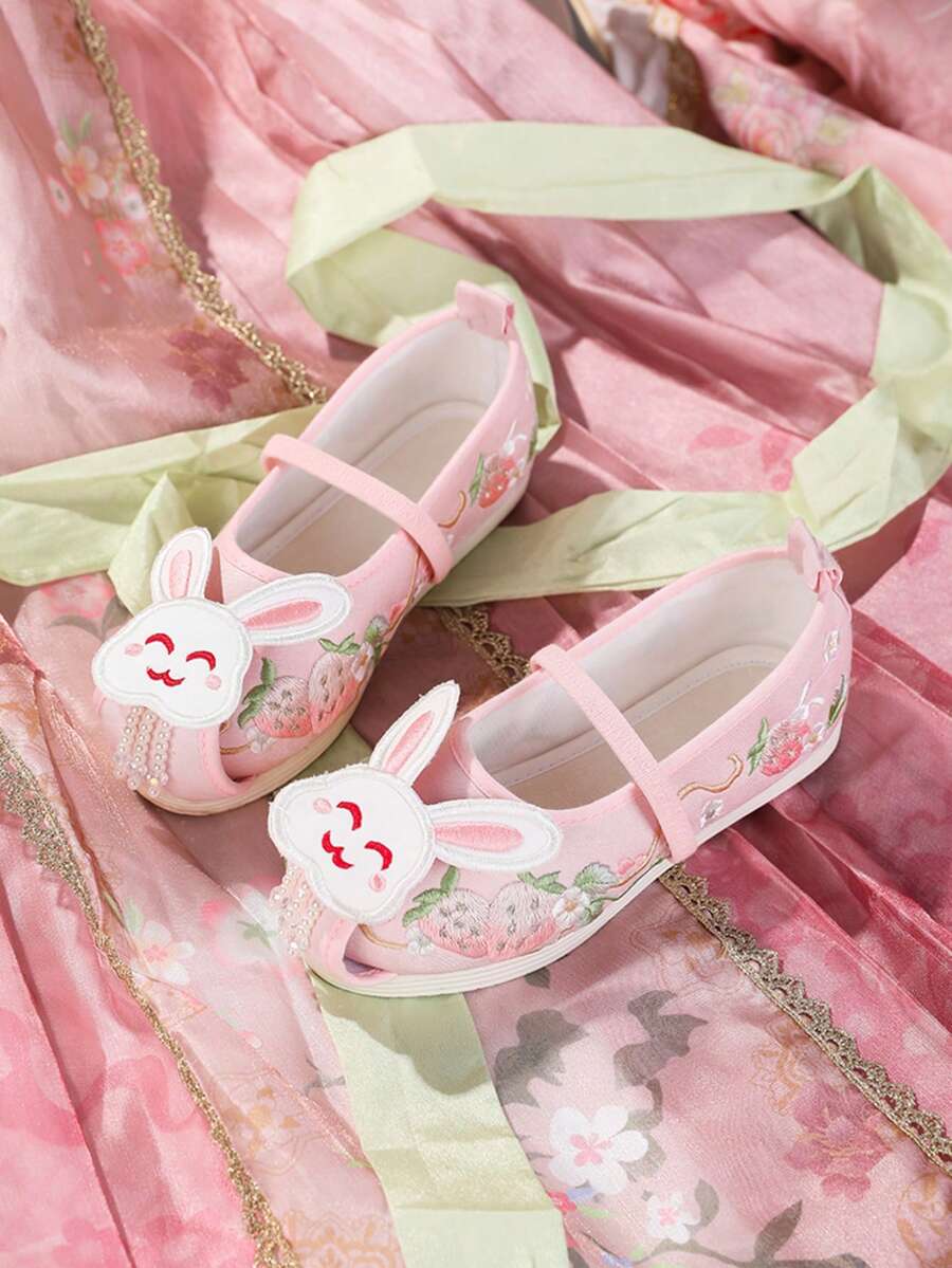 Nuevos zapatos de estilo chino Hanfu, zapatos de tela bordados con cabeza de conejo de suela blanda y cómoda para niñas - Rosa - Ver 1