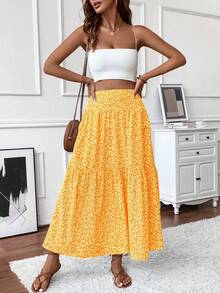 Women's Long Floral Casual Elastic Waist Pocket Ruffle Hem A-Line Skirt Vacation Spring - Yellow Flower - View 7