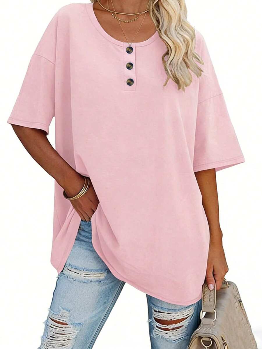 Blusa de manga corta de unicolor rosa de cuello redondo y hombros caídos para tallas grandes, de estilo casual de verano - Rosa - Ver 1