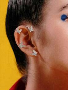 1 Set Elegant Alloy Metal Butterfly Earrings, Silver Tone, Suitable For Women's Daily Wear - Silver - View 2