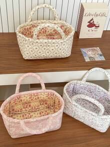 Country Style Floral Quilted Handbag Storage Basket, Large Capacity For Cosmetics, Skincare Products, And Miscellaneous Items - Multicolor - View 3