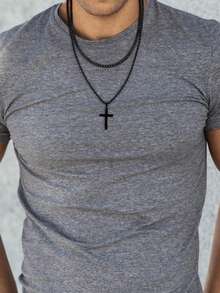 1pc New Arrival Stylish Stainless Steel & Titanium Steel Men's Cross Pendant Necklace, Braided Chain, Suitable For Daily Wear And As A Gift - 黑色 - 查看 3