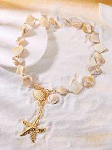 3 piezas Conjunto de joyería estilo bohemio retro con elementos marinos de lujo, collar con colgante de estrella de mar y perlas falsas, aretes de diseño metálico exagerado, para uso diario y decoración de playa, regalo. La forma, el patrón y el color de la concha son aleatorios. - Dorado - Ver 4