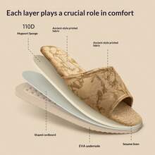 1pc Premium Linen Slippers, Women's All Season Indoor Anti-Slip Slippers, Vintage Floral Print Elegant & Comfortable, Natural Linen Breathable Material Soft & Firm Slippers - Khaki - View 5