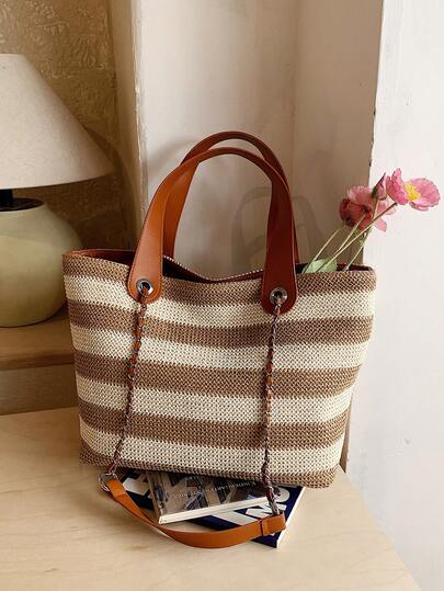 1个条纹草编手提包，金属链条装饰，大容量顶部提手和肩带设计，法式度假风，多功能沙滩通勤手提包，女士