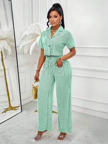 Conjunto de 2 piezas de camisa y pantalones a rayas de verano casual para mujer Amarilo, con estampado floral aleatorio - verde menta - Ver 5