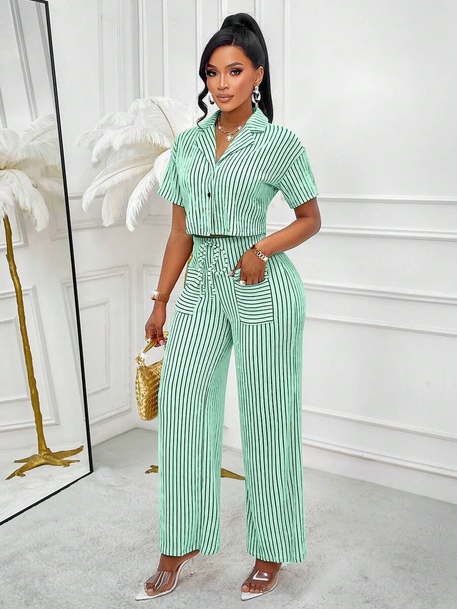 Amarilo 女士夏季休闲条纹衬衫和裤子两件套，随机花卉图案 - 薄荷綠 - 查看 1