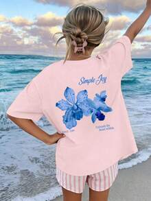 女童宽松T恤一件装 - 可机洗，芙蓉花印花T恤，适合儿童旅行度假、夏季穿着，女童服装 - 淺粉色 - 查看 5