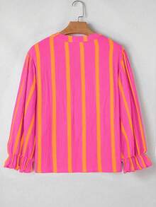Plus Size Women's Striped Loose Blouse, Elegant Shirt Top With Puff Sleeves And Ruffle Hem, Suitable For Commuting, Daily Wear, Valentine's Day, Spring/Summer - Rose Red Yellow - View 2