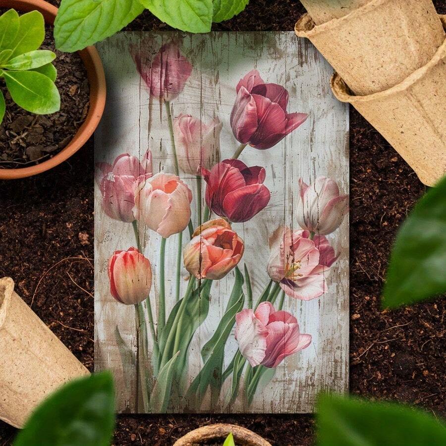 2D Flat, 1pc Vintage Tulips Metal Wall Art Sign - 8x12 Inch (20x30cm) Shabby Chic Rustic Dutch-Inspired Tulip Field Decor, Pink & White Tulip for /Outdoor Room, Cafe, Decoration - Easy Mounting Holes, 2D Flat - 1PC - Übersicht 1