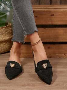 Giày bệt đế bằng màu đen, giày mũi nhọn kiểu slip-on với khóa kim loại hình đầu báo, giày lười thanh lịch dành cho nữ, giày công sở thoải mái, thích hợp cho mùa xuân/thu. - màu đen - Xem 4