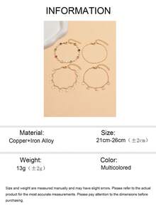 4 piezas/Set Tobilleras de oro apilables de varias capas de moda, encantadoras tobilleras de estilo fiesta de playa para mujeres con brillantes de colores y borla de mariposa, adecuadas para uso diario, reuniones y viajes de vacaciones en la playa, cadena hecha a mano, el número de brillantes varía según la longitud, la disposición de los colores de los brillantes es aleatoria - Multicolor - Ver 5