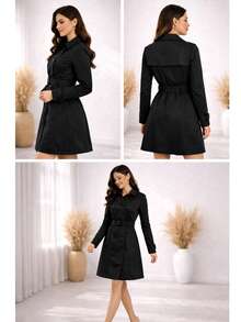 Elegant Women's Overcoat With Belt, Double Buttons, Fitted Jacket, Premium Winter Fashion - 黑色 - 查看 5