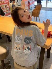 女士宽松圆领短袖字母卡通猫印花T恤，春夏休闲款 - 淺花灰 - 查看 2