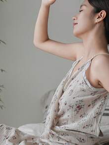 Đầm/áo choàng hai dây bằng vải gạc cotton mỏng nhẹ in họa tiết, áo choàng tắm/đồ ngủ gợi cảm lãng mạn. - Màu nâu  Mocha - Xem 3