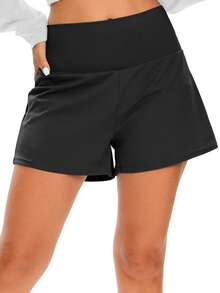 Women's Nylon Elastic High Waist 2 In 1 Sports Shorts, Hidden Pocket Design Suitable For Spring/Summer Running, Gym, Outdoor, Marathon, Tennis Black - Black - View 3