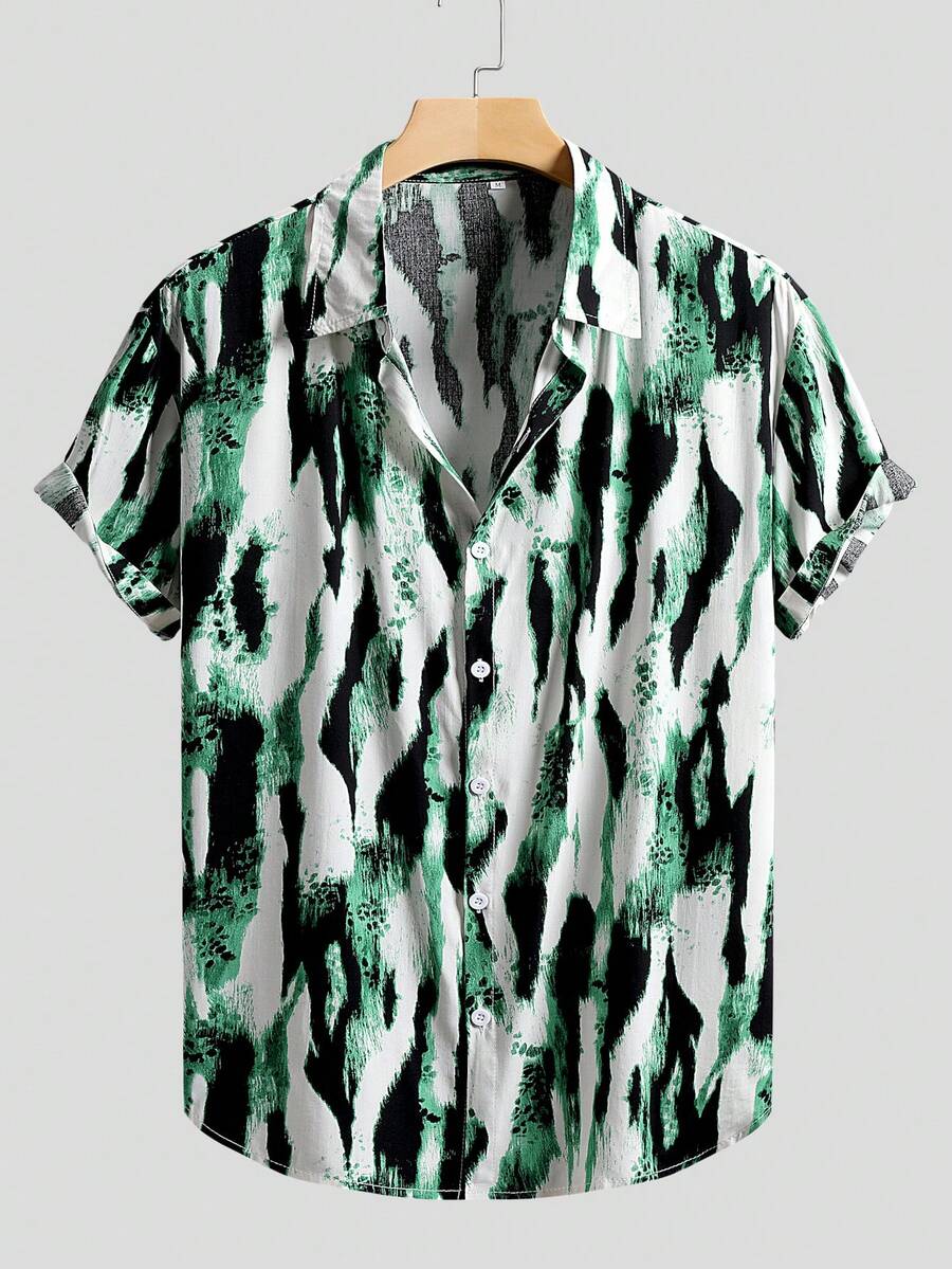 男士扎染印花单排扣休闲短袖衬衫 - 綠色 - 查看 1