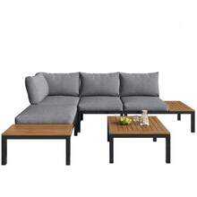 Garden Lounge Set (2 Two-Seaters, 2 Side Tables, 1 Table), Solid Acacia Wood Tabletop, Fabric Backrest Cover, Grey (Previous Sku:HW00005AAE) - Grey + Iron - View 4