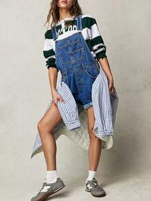 Bộ jumpsuit denim ống rộng có gấu, ôm dáng, thích hợp cho mùa hè. - Rửa trung bình - Xem 2