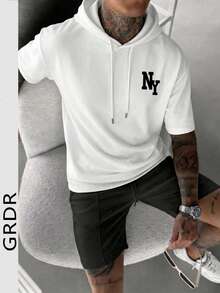 GRDR Men's Casual Versatile Drawstring Hooded NY Letter Print Short Sleeve T-Shirt, Suitable For Leisure, Sports And Outdoor Wear - White - View 3