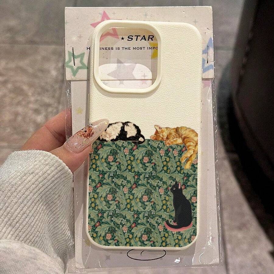 1pc TPU Material Retro Floral & Cat Pattern Phone Case, Compatible With IPhone 17 Pro Max/17/16 Pro Max/15/13/12/11, S20 FE/A15/S24/A55, Note 11/12/13 Pro, Full-Body Shockproof Soft Protective Cover - White - View 1