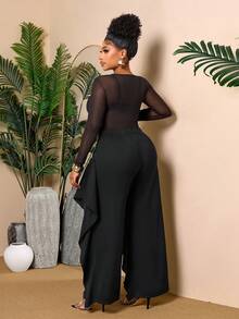 加大码黑色高腰荷叶边阔腿裤 - 黑色 - 查看 2