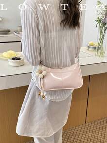 1pc Low Tea Solid Color PU Leather Shoulder Bag, Women's Retro Fashion Crescent Handbag, Top Handle Design, Zipper Closure, Detachable Adjustable Shoulder Strap, Suitable For Travel, Shopping, Dating, Women's Gift, Great For Commuting, Outdoor, Travel, Hiking (With Pendant) - Pink - View 7