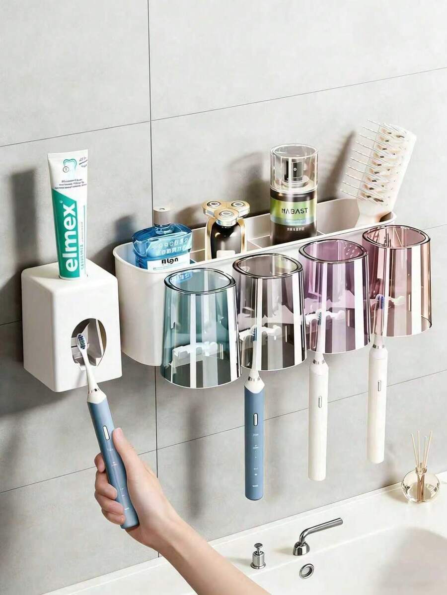 1个自动牙膏分配器带牙刷架，壁挂式牙刷收纳架带漱口杯，节省空间的浴室牙刷和漱口杯收纳架，家居浴室装饰，秋季，返校季 - 白色 - 查看 1