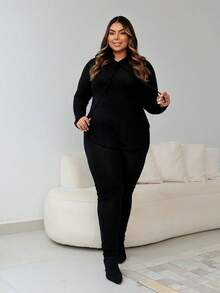 Women's Plus Size Premium Fleece Set: Long-Sleeved Hoodie And Comfortable Fitted Skinny Pants - Autumn/Winter - 黑色 - 查看 1