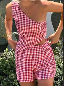 Damen neuer karierter rückenfreier sexy Outfit, geeignet für Dates, formelle Anlässe, Streetwear, Büro, Frühling/Sommer/Herbst - Rot - Übersicht 2