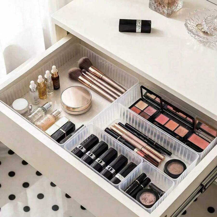 Bộ 1/5/7 hộp đựng đồ trong suốt, 4 kích cỡ, hộp lưu trữ đa năng dùng để đựng mỹ phẩm, văn phòng phẩm, đồ dùng phòng tắm, tủ lạnh, dụng cụ nhà bếp, sắp xếp ngăn kéo bàn làm việc. - Nhiều màu - Xem 1