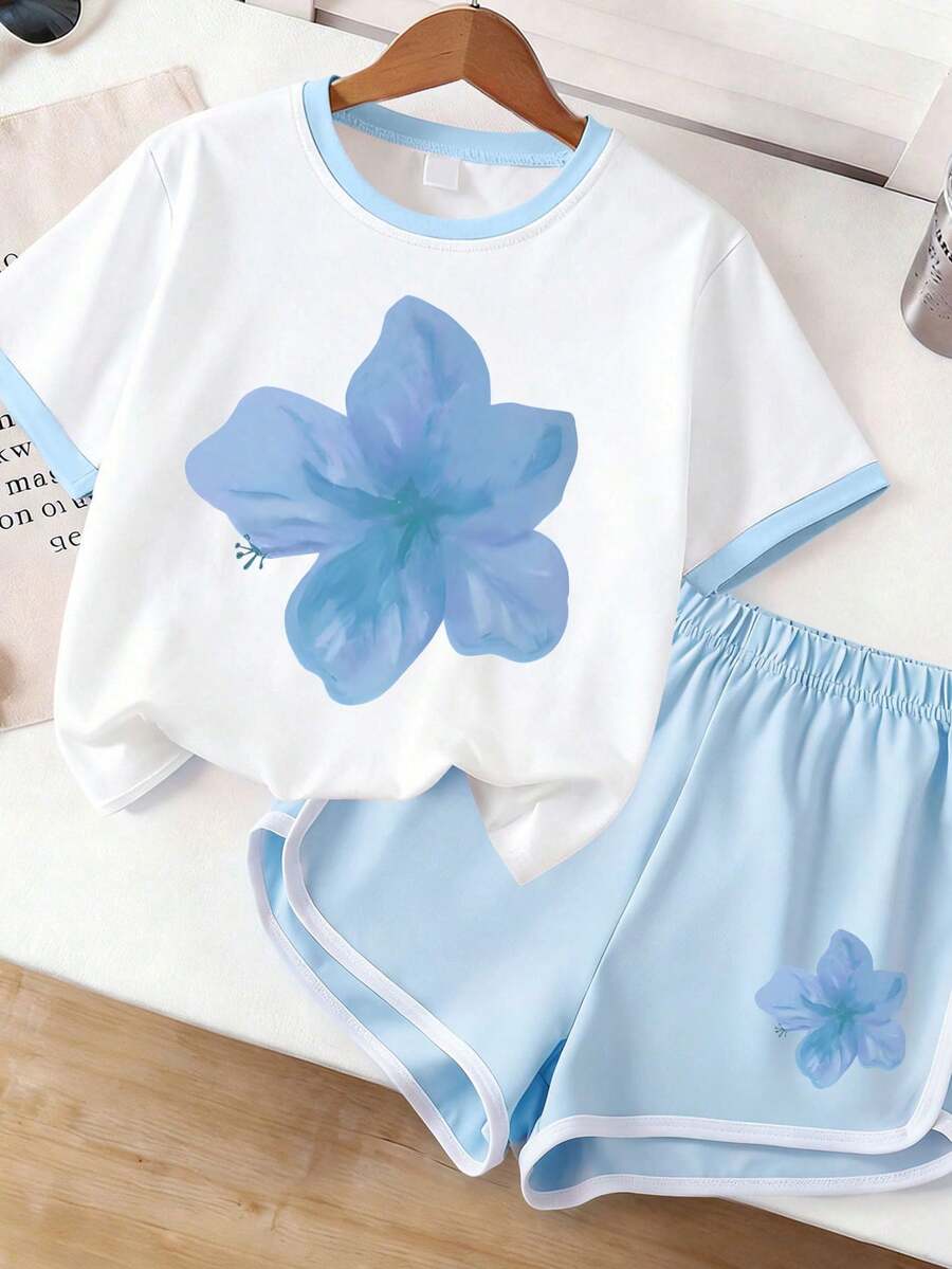 2件套女童卡通碎花印花柔软短袖上衣和短裤套装，夏季休闲日常穿着 - 淺藍色 - 查看 1