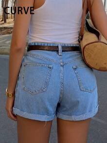 Plus Size Women Casual Loose Cuffed Hem Light Wash Denim Shorts, Versatile For Summer - Light Wash - View 4