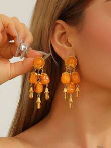 1 Pair Retro Olive Green Palace Style Long Tassel Earrings, Unique Personalized Design, Suitable For Parties And Everyday Wear - 流蘇耳環 - 查看 7